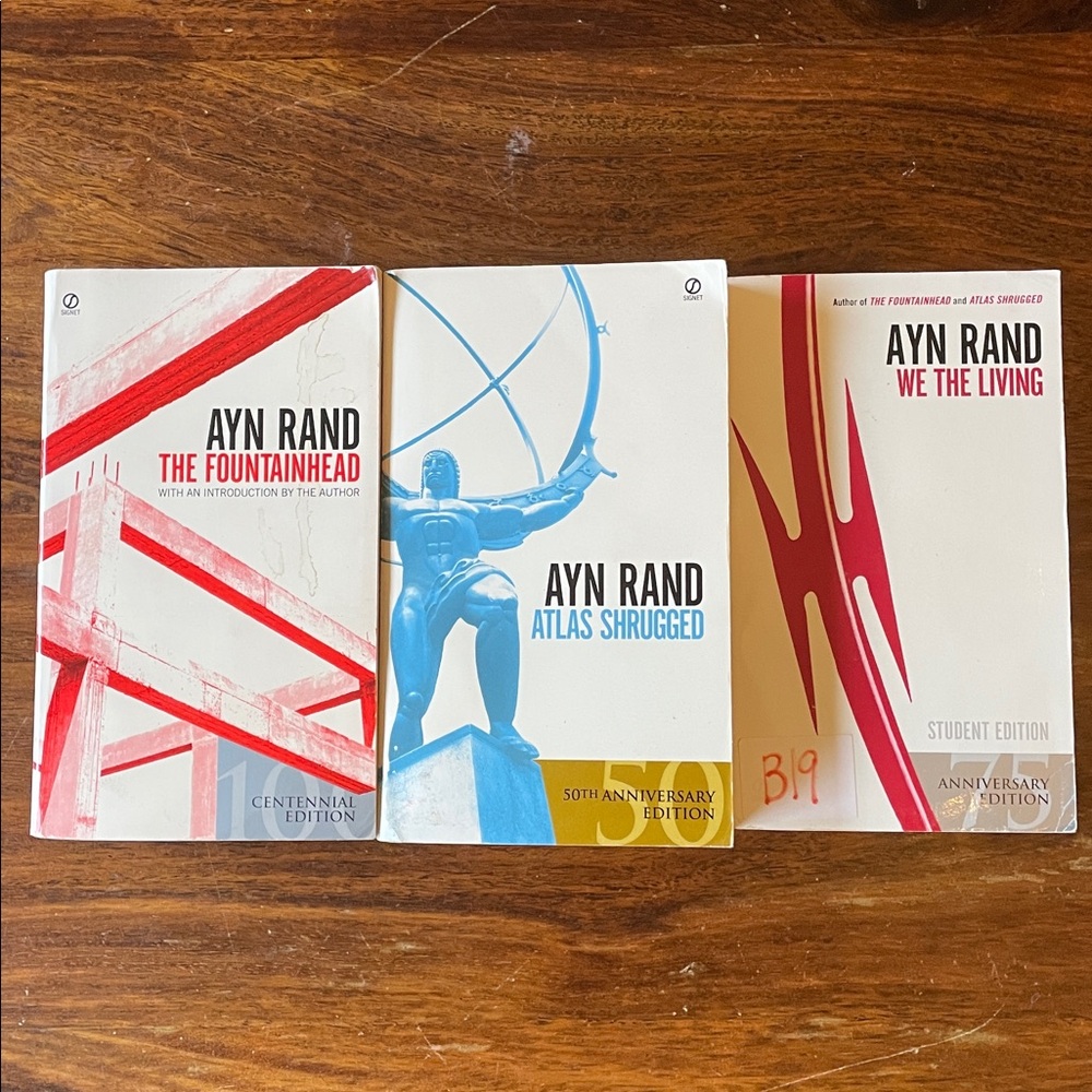 3 AYN RAND paperback books - The Fountainhead, Atlas Shrugged, We the Living